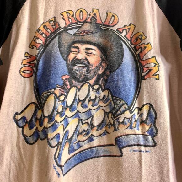 vintage 1980 WILLIE NELSON On The Road Again raglan 3/4 sleeve tee shirt LARGE - Picture 1 of 8